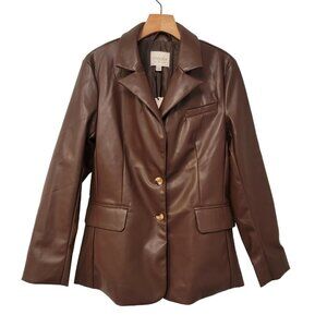 NWT Stoosh Vintage Brown Bracken Faux Leather Button Up Jacket Classic Pockets S